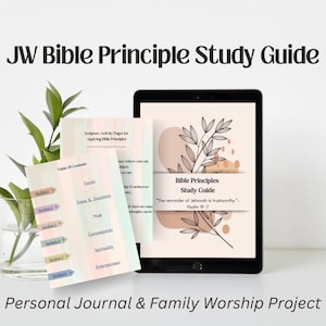 May include: A digital printable study guide for Jehovah's Witnesses. The guide features a table of contents with sections on family, dress and grooming, work, congregation, spirituality, and entertainment. The cover features a floral design and the text "Bible Principles Study Guide" and "The reminder of Jehovah is trustworthy." - Psalm 19:7