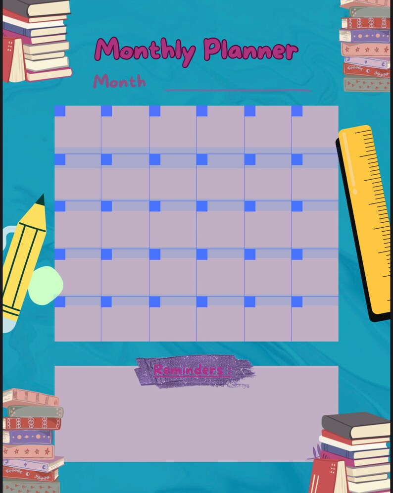 Puede incluir: Un planificador mensual azul con una cuadr&iacute;cula para escribir fechas y notas. El planificador tiene una secci&oacute;n de "Recordatorios" en morado y rosa en la parte inferior. El planificador est&aacute; decorado con pilas de libros, un l&aacute;piz y una regla.