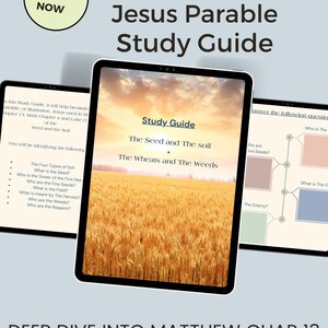 Puede incluir: Una guía de estudio digital para las parábolas de Jesús en la Biblia. La guía incluye las parábolas "La semilla y el suelo" y "El trigo y la cizaña". La guía incluye preguntas para ayudarte a comprender las parábolas.