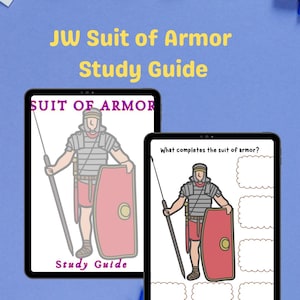 May include: A digital study guide for the JW Suit of Armor. The guide features a cartoon illustration of a Roman soldier wearing armor and holding a spear and shield. The guide includes a fill-in-the-blank activity to identify the different parts of the suit of armor.