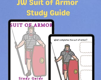 May include: A digital study guide for the JW Suit of Armor. The guide features a cartoon illustration of a Roman soldier wearing armor and holding a spear and shield. The guide includes a fill-in-the-blank activity to identify the different parts of the suit of armor.