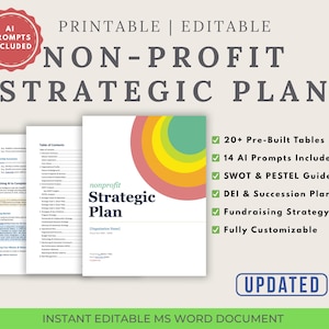 Puede incluir: Documento de plan estratégico sin fines de lucro, imprimible y editable. La portada presenta el título "Strategic Plan" con un diseño de semicírculo colorido. Incluye más de 20 tablas preconstruidas, 14 indicaciones de IA, guías SWOT y PESTEL, y DEI y Planificación de la Sucesión.