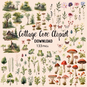 Cottage core Junk Journal Clipart, Downloadable PNG, Magic Forest botanical, Journal pages, frog lover PNGs, individual transparent files