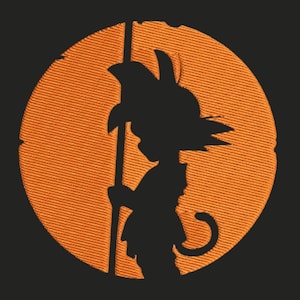 May include: A circular embroidered patch featuring a black silhouette of a spiky-haired character holding a long staff against a vibrant orange background. The design shows a character with a curved tail, rendered in detailed thread texture.