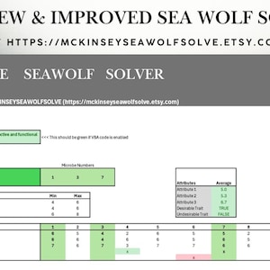 Può includere: Un foglio di calcolo intitolato "THE NEW & IMPROVED SEA WOLF SOLVER" con tabelle di dati e grafici. Il documento include un punteggio del sito di 100, intervalli target e dati sui microbi. Il testo "The code is working! VBA is active and functional" è visibile.
