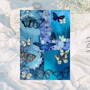 Puede incluir: Un collage digital con mariposas azules y blancas sobre un fondo azul y blanco. Las mariposas están dispuestas en una variedad de posiciones y tamaños. El fondo es una mezcla de azul y blanco, con algunas áreas de textura.