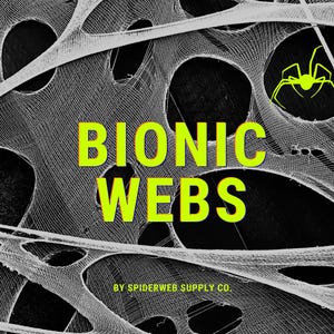 May include: A black and white image of synthetic spider webs featuring the bright neon yellow text BIONIC WEBS and a neon yellow spider icon. Below the main text, the smaller neon yellow text reads BY SPIDERWEB SUPPLY CO.