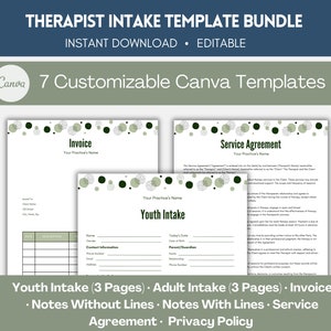 Könnte beinhalten: Ein digitales Download-Paket mit sieben anpassbaren Canva-Vorlagen für Therapeuten. Die Vorlagen umfassen Aufnahmeformulare, Servicevereinbarungen, Rechnungen und Notizen mit und ohne Zeilen. Die Vorlagen zeichnen sich durch ein grün-weißes Farbschema mit einem Kreis-Muster aus.