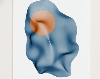 Arte de trama de pluma generativa única, forma moderna de muaré orgánico azul naranja