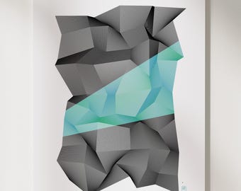 Impresión de arte generativo: Cubismo abstracto A3, arte moderno, trama de pluma colorida, blanco y negro.