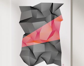 Lámina de arte generativo: Cubismo abstracto A3, arte moderno, trazo de pluma colorido, colores neón.