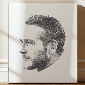 Op de afbeelding: Een zwart-witte lijntekening van een gezicht. De tekening is gemaakt van veel kleine lijnen die een gedetailleerd en realistisch portret creëren.