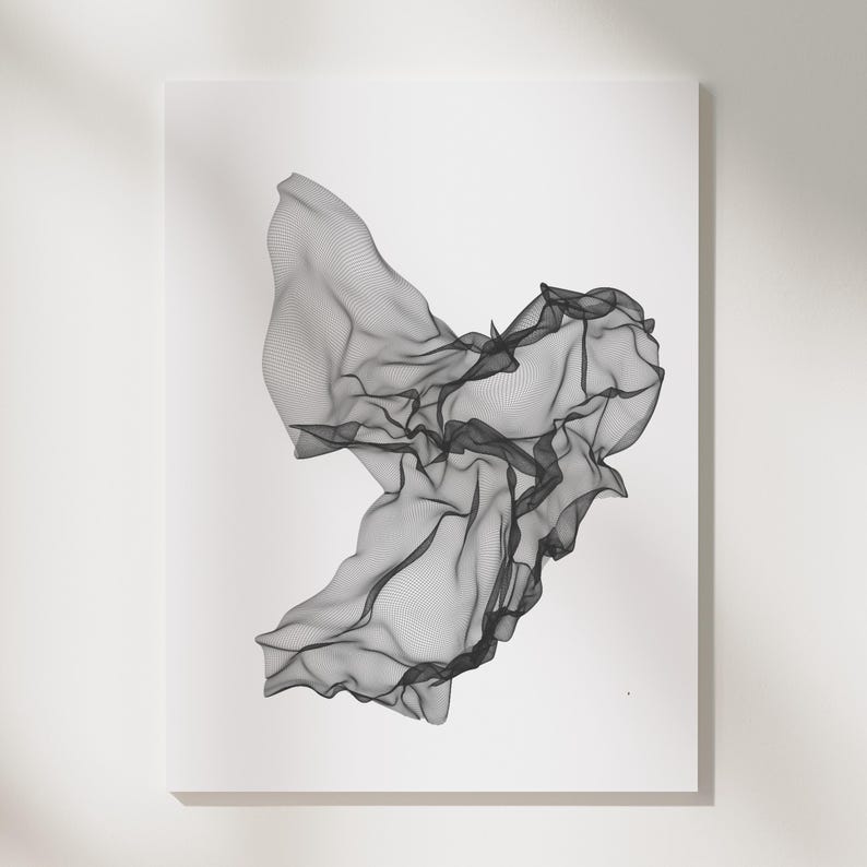 May include: Abstract black and white digital art print of a swirling, flowing, and textured design. The design resembles a cloud or a piece of fabric.
