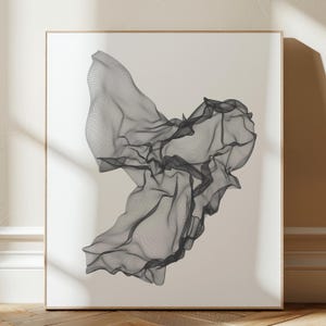 May include: Abstract art print featuring a black and white digital rendering of a flowing, organic shape. The shape resembles a cloud or a piece of fabric.