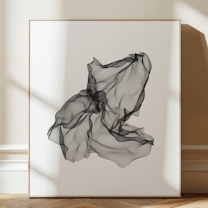 May include: A black and white abstract art print depicting a flowing, textured fabric. The fabric is rendered in a 3D style, creating a sense of movement and depth.