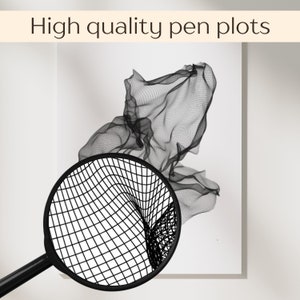 May include: A black and white pen plot of a swirling, abstract shape. The plot is framed and displayed on a white wall. A magnifying glass is positioned over the plot, revealing the intricate details of the lines.