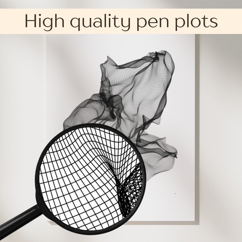 May include: A black and white pen plot of a swirling, abstract shape. The plot is framed and displayed on a white wall. A magnifying glass is positioned over the plot, revealing the intricate details of the lines.