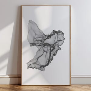May include: Abstract black and white digital art print of a swirling, flowing shape. The shape is made up of a series of lines that create a sense of movement and energy.