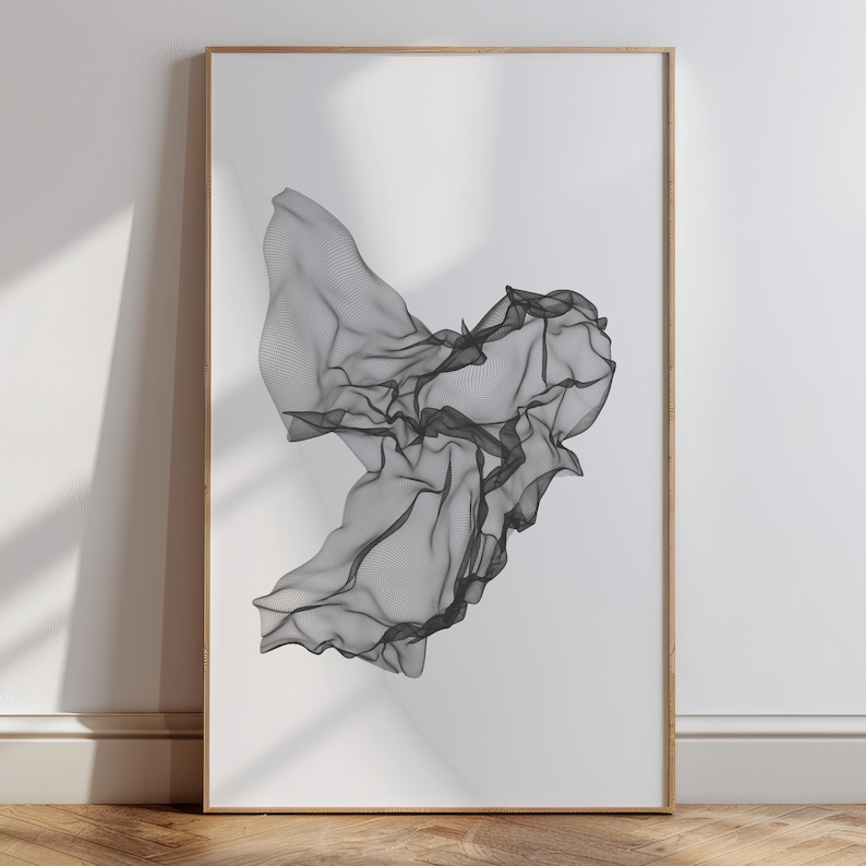 May include: Abstract black and white digital art print of a swirling, flowing shape. The shape is made up of a series of lines that create a sense of movement and energy.