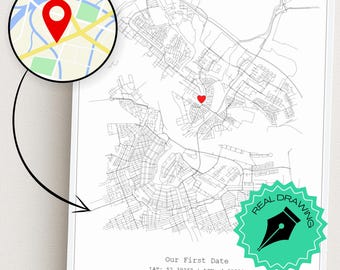 Impresión artística personalizada de mapa de pareja: ubicación de la primera cita con bolígrafo