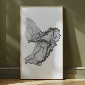 May include: A black and white abstract art print featuring a swirling, textured design. The print is framed in a light wood frame.