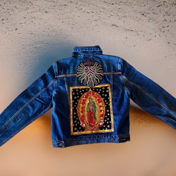 Size L Embellished Denim Jacket: Full of Grace Dark Skies Virgin