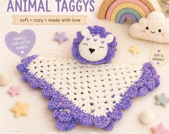 Hand crocheted baby teether/rattle and taggy set