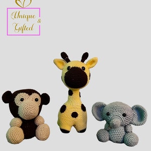 Handmade crochet Giraffe, Elephant, monkey
