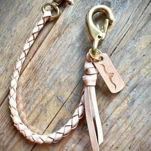 Hand braided wallet lanyard. Multiple colors. Veg tan leather wallet chain. Brass hardware.