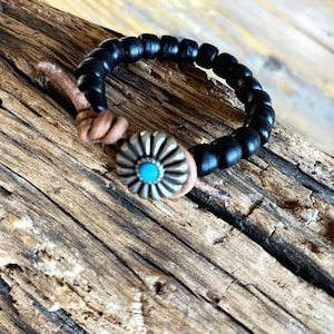 Handmade beaded bracelet. Leather cord. Concho button closure. Unisex. Custom size