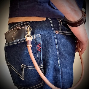 Veg tan wallet lanyard. Extra long. Handmade leather wallet chain. Brass hardware.