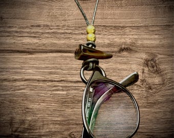 Handmade eyewear necklace. Glasses holder with brass beads, ring pendant.