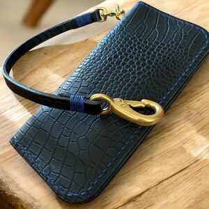 Trucker wallet 002 • black alligator embossed/english bridle leather • brass hardware • handmade • long biker wallet • large billfold