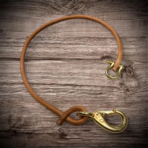 Puede incluir: Un collar de perro de cuero marrón con un cierre y un anillo de latón. El collar es circular y está sobre una superficie de madera. Los herrajes de latón contrastan con el cuero.