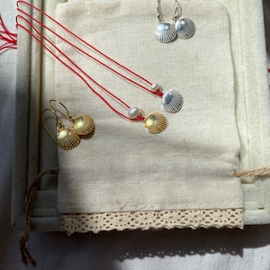 Red String Nautical Seashell Jewelry Set, Sterling Silver & Red Cord, Beach Lover Gift, Shell Necklace and Earrings