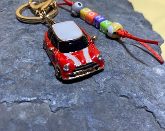 Vintage Car Mini Cooper Keychain, Metal Keyring with Rhinestones
