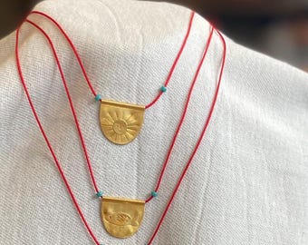 Gold Fish Plate Necklace: 925 Sterling Silver, Minimal Red String