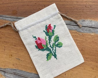 Hand Embroidered Rose Linen Pouch, Rustic Cotton Drawstring Floral Bag