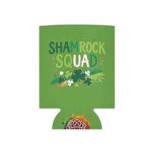 May include: Green can cooler with the words "SHAMROCK SQUAD" in green and yellow. The design includes shamrocks and a colorful Celtic knot design at the bottom. Perfect for St. Patrick's Day.