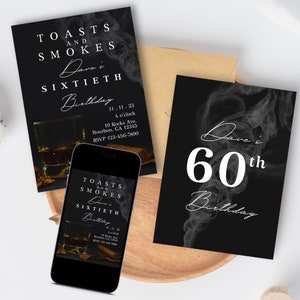 Toasts and Smokes Adult Birthday Party Invitation Digital Template Canva Printable Customizable Smoke Scotch 40th 50th 60th INSTANT DOWNLOAD
