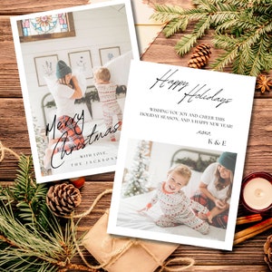Cartão de férias simples foto de família feliz natal temporadas modelo casal canva para impressão editar personalizar cartão postal minimalista download instantâneo