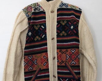 Bhutanese Handmade Knit Sweater, Yathra Wool Cardigan/Coat, Silk Lined, Made in Bhutan, Textile Art, Handcrafted