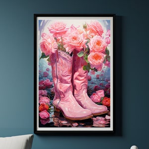 Cowgirl Boots Print Pink Cowgirl Boots Painting Print Southern Girl Room Wall Art Floral Pink Print Pink Aesthetic Art Cowgirl Decor Print
