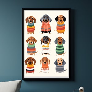 Christmas Art Print of Sausage Dogs Wearing Jumpers Illustration for Dog Lovers Adorable Pets Wall Art Animal Lovers Gift Festive Home Decor