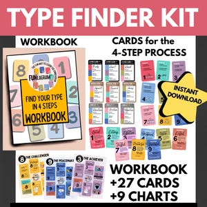 May include: A Type Finder Kit with a workbook, cards, and charts. The workbook has the text "Find Your Type in 4 Steps". The cards are labeled with words like "Expression", "Interaction", and "Conflict". The kit includes an instant download.