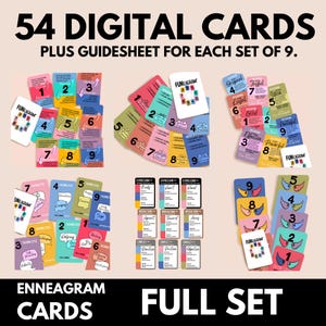 Set digitale di carte dell'Enneagramma, tra cui descrizioni, motivazioni, frecce, ali, stili di conversazione e triadi. Carte per imparare l'Enneagramma.