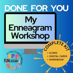 Może przedstawiać: Żółta grafika z promieniami słońca z tekstem "Complete Kit" w kółku. Tekst "My Enneagram Workshop" jest wyświetlany na ekranie komputera. Tekst "The Fun Way To Learn The Enneagram" jest wyświetlany na kolorowym kółku z tekstem "Funeagram" w środku.