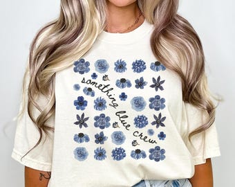 Something Blue Crew Shirt, Floral Minimalist Tshirt Bridal Party Gift, Grandmillenial Bride, Trendy Engagement Party Tee, I do Crew Shirts