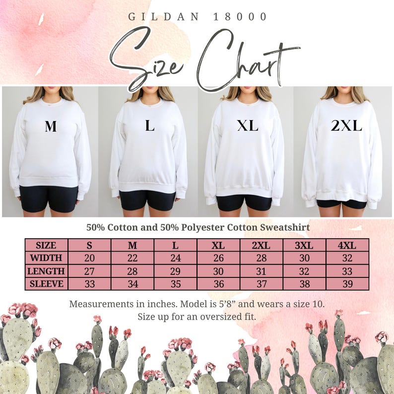 Op de afbeelding: Maattabel voor witte sweatshirts met afmetingen in inches. De tabel bevat maten S tot en met 4XL, met een breedte vari&euml;rend van 50,8 tot 81,3 cm en een lengte van 68,6 tot 83,8 cm. Het model is 1,73 m lang en draagt maat 10.