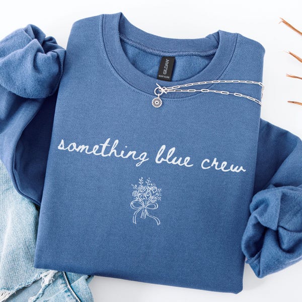 Sudadera azul con cuello redondo, regalo minimalista y coqueto para novias de la generación del milenio, sudadera moderna con cuello redondo para fiesta de compromiso.